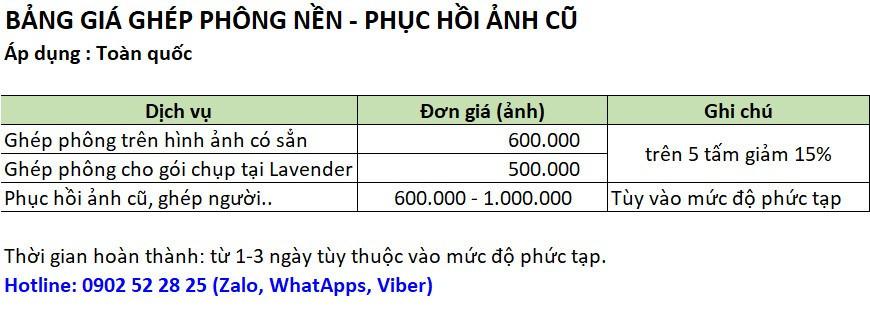 Báo giá chỉnh sửa ảnh cũ online của Lavender studio Báo giá chỉnh sửa ảnh cũ online của Lavender studio